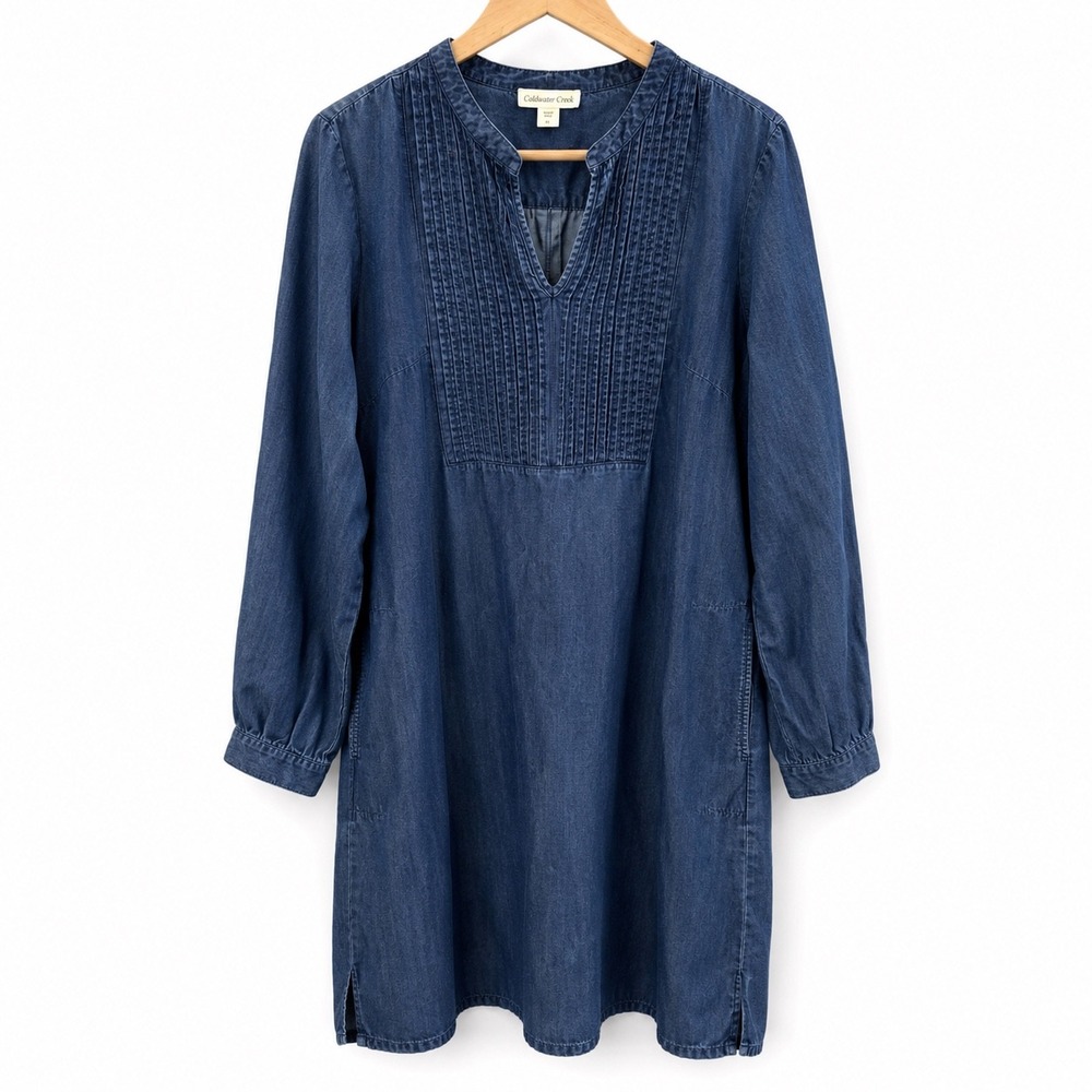 Coldwater Creek Blue Tencel Lyocell Pintuck Tunic Dress Petite Large Farmhouse